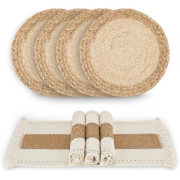 Handmade Boho Placemats Set of 4 - Natural Cotton Burlap and Water Straw Woven - Picture 1 of 7